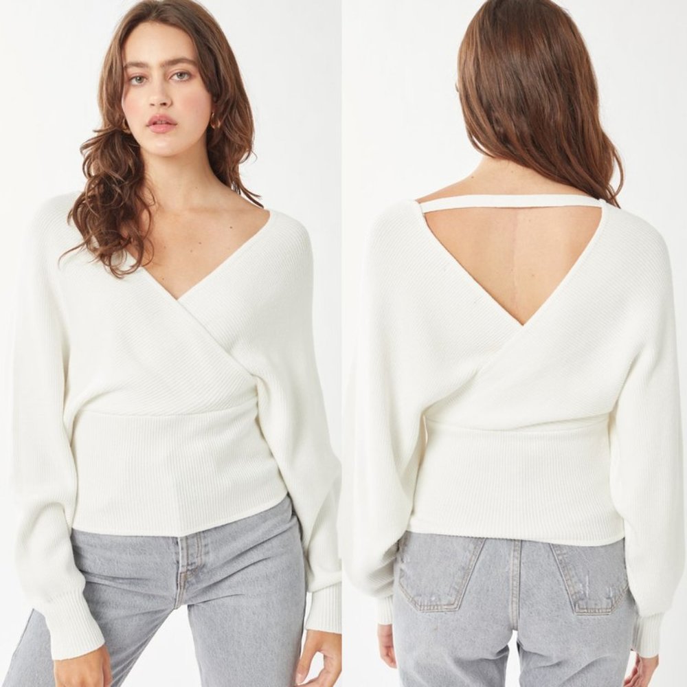 NEW White Wrap V Neck Dolman Sleeves Cozy Sweater - Picture 6 of 12